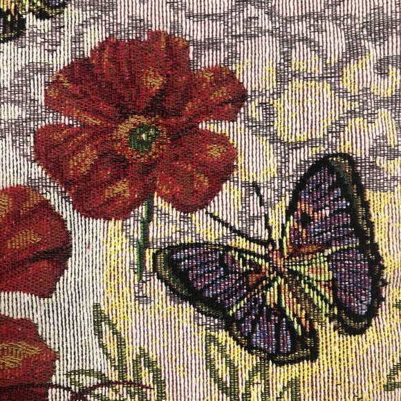 Tapestry Pillow Cover Poppies and Butterflies Zippered Red Cloth Back 16 x 16 - Picture 6 of 7